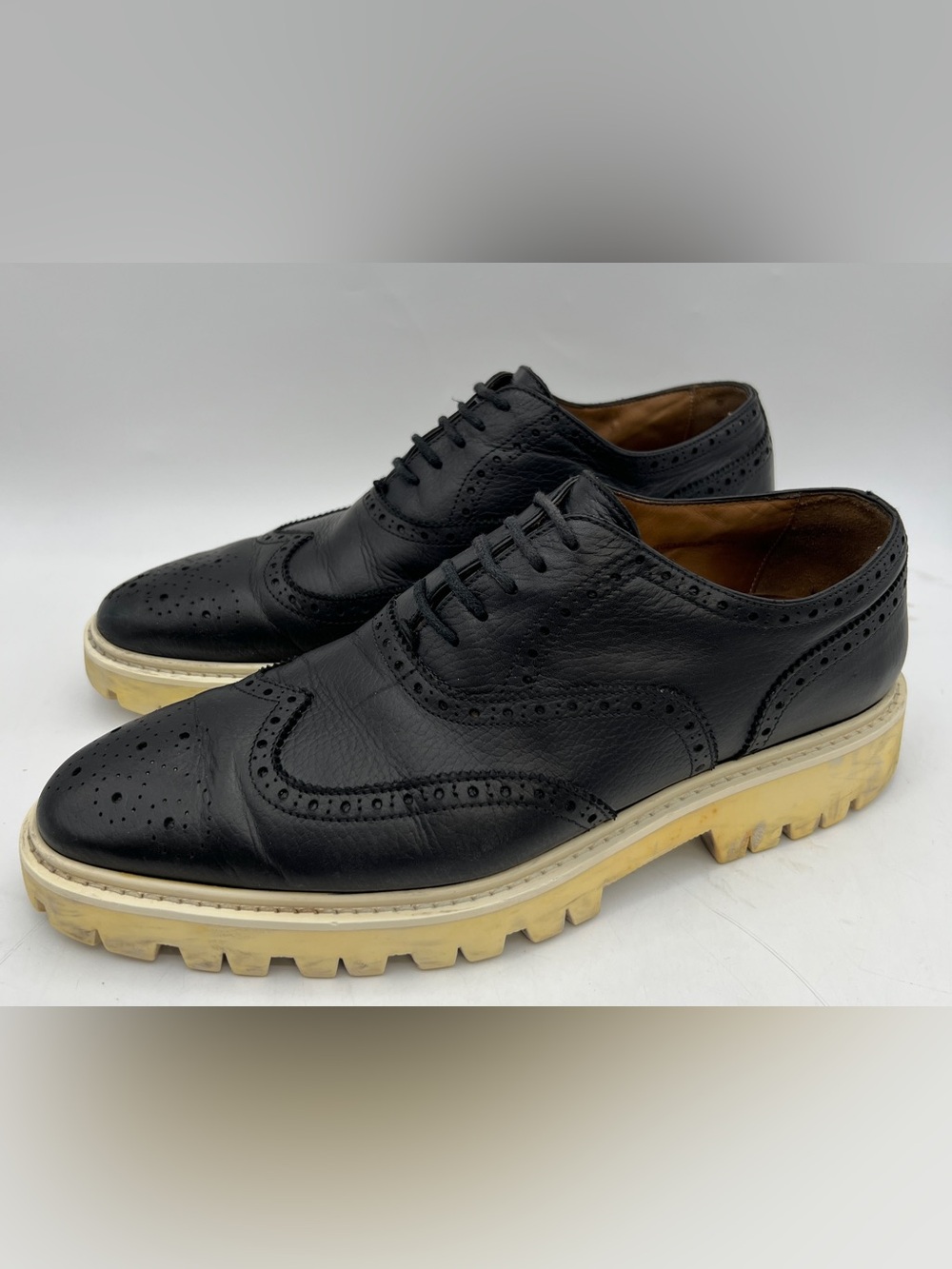 Burberry Prorsum Black Leather Wingtip Lug Sole Oxfords Derby Shoes EU 44 US 11